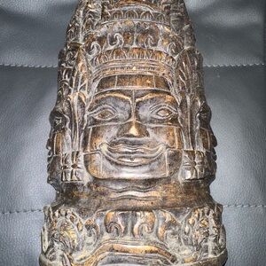 Carved Wood Sculpture Hindu Temple Art Figure 3 Headed Wall Bust Thick